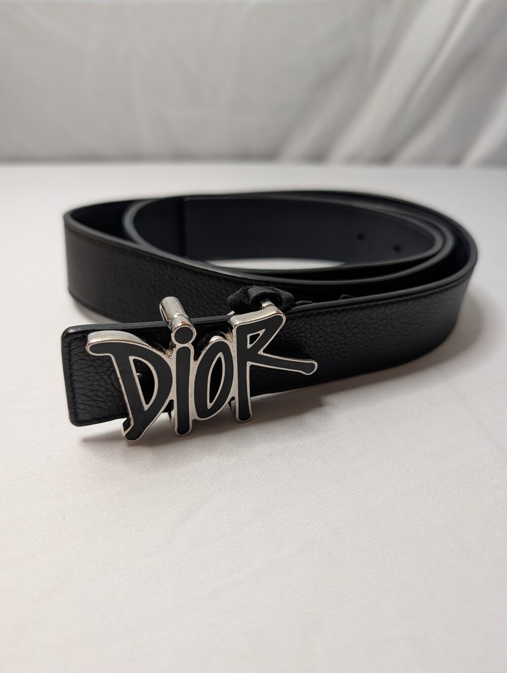 Dior Black Leather Belt with Silver Logo Buckle